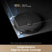 Robotic vacuum cleaner with text highlighting edge and corner coverage on a dark background