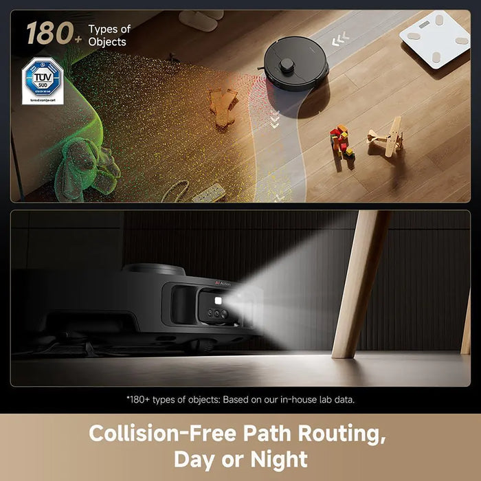 Robot vacuum cleaning a wooden floor with a TUV logo and text about collision-free path routing.