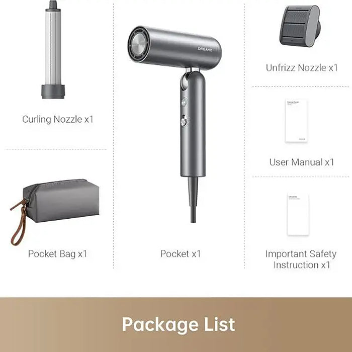 Package list of a hair dryer with accessories on a white background
