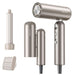Silver hair dryer with attachments on a white background