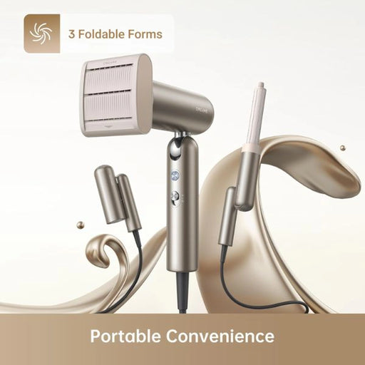 Hair dryer with attachments on a beige background, emphasizing '3 Foldable Forms' and 'Portable Convenience'.