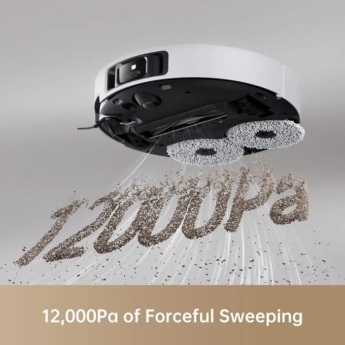 Robotic vacuum cleaner with '12,000Pa of Forceful Sweeping' text on a gray background