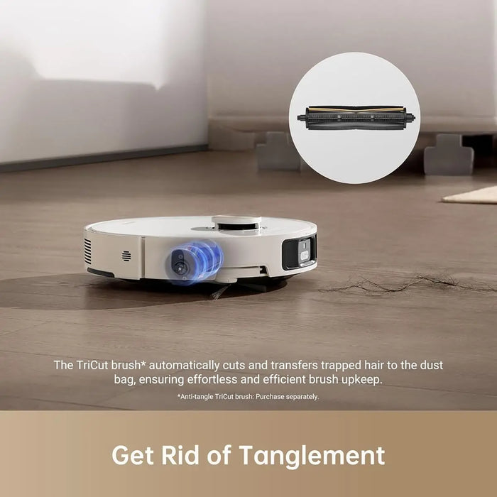 Robotic vacuum cleaner on a wooden floor with a close-up of the TriCut brush.