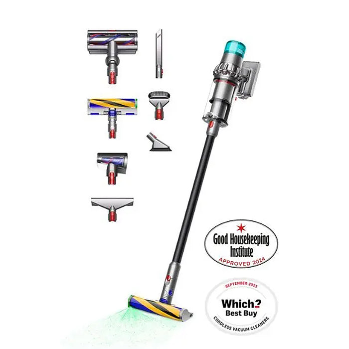 Vacuum cleaner with attachments and certification logos on a white background