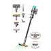 Vacuum cleaner with attachments and certification logos on a white background
