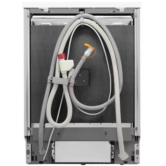 Back view of a dishwasher with water hoses and connectors.