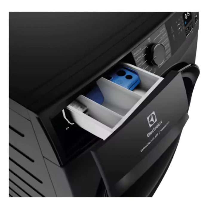 Black refrigerator with open freezer compartment showing a blue container, Electrolux logo visible.