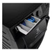 Black refrigerator with open freezer compartment showing a blue container, Electrolux logo visible.