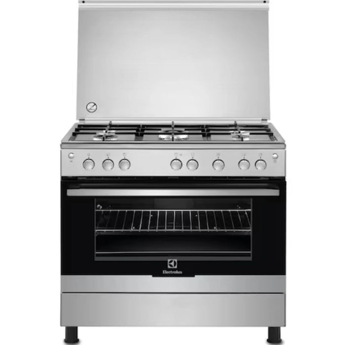 Electrolux 90x60cm Freestanding Cooker | Full Gas Cooking Range with 5 Burners | Cast iron pan support | European Quality Oven with One Hand Automatic Ignition & Thermocouple Safety | Silver | EKG9000A4X