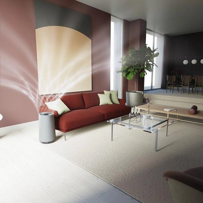 Modern living room with a red sofa, glass coffee table, and decorative elements.