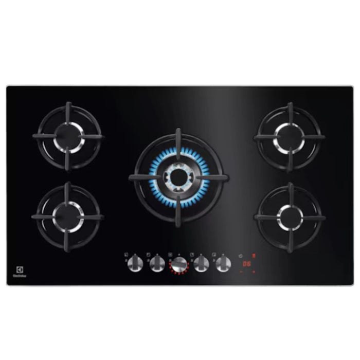 Electrolux Built in 90cm 5 Burner Gas Hob with Auto Ignition | Full Safety | 9 Flame Levels | Premium Glass Top Finish | Electronic Knob Control with LED Indicator | Made in ITALY | Black | KGG95375K