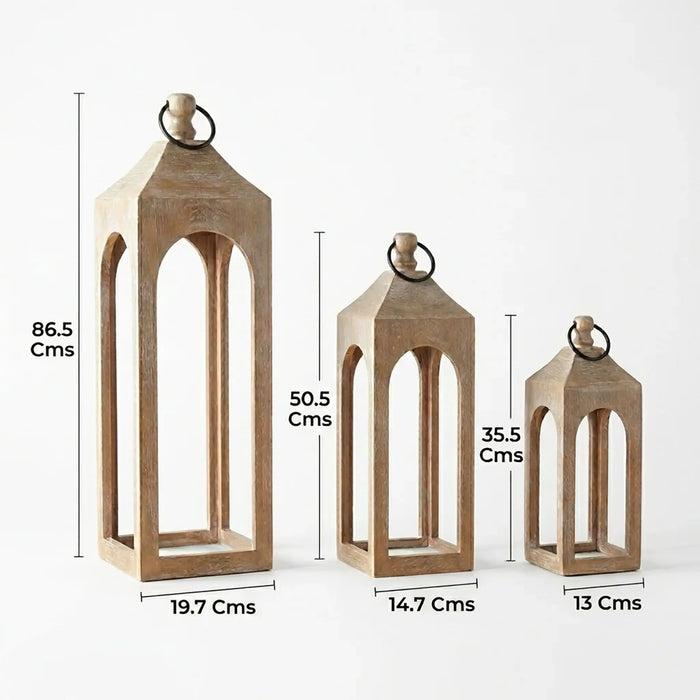 Three wooden lanterns of different sizes with measurements on a white background