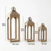 Three wooden lanterns of different sizes with measurements on a white background