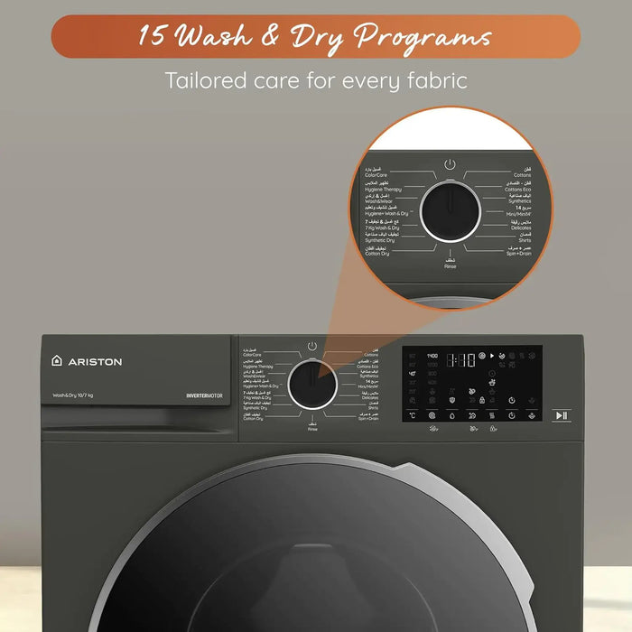 Ariston  Freestanding Washer Dryer | 10 kg Wash 7 kg Dry | 1400 RPM | Inverter Motor | Heat Pump Drying | WiFi Connected | Manhattan Grey | ARWD107143DMME