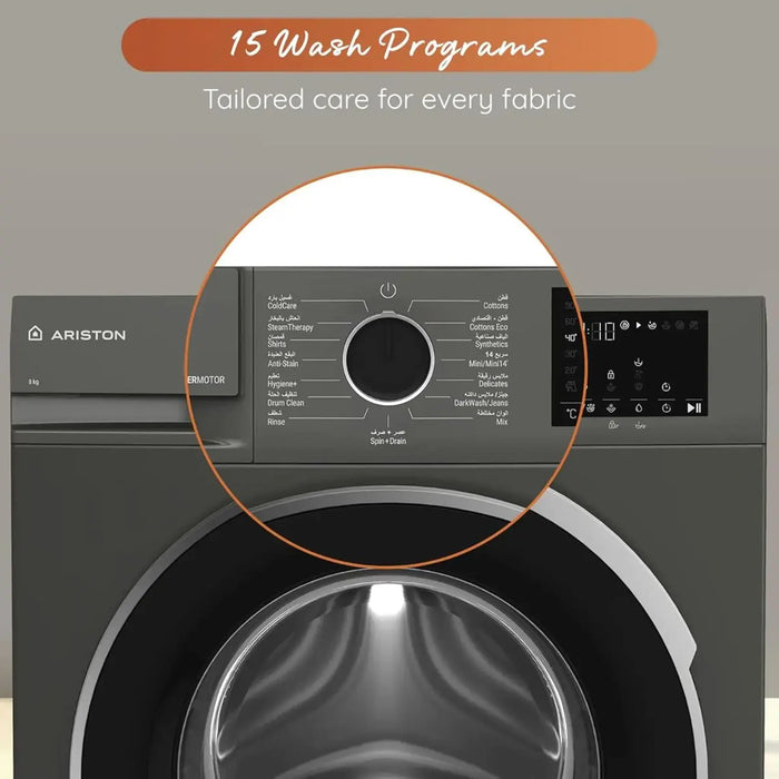 Ariston 8KG Front Load Washing Machine | 1200RPM | Steam Therapy | ProSmart Inverter Motor | Mini 14 Quick Wash | Gray | ARWF08122SMME