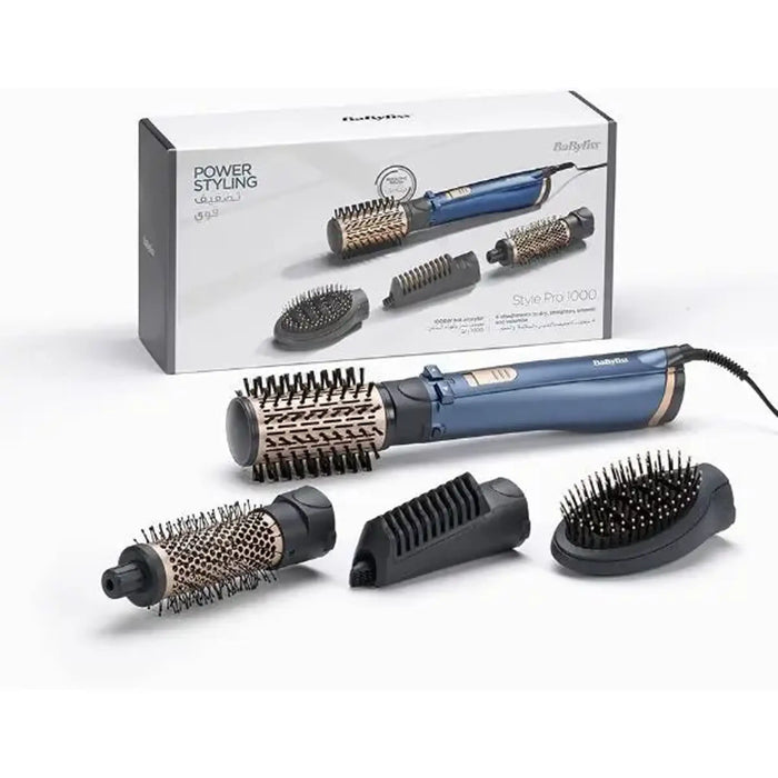 BaByliss Air Styler Pro 1000 Watts | 38mm Thermal Brush With 2.2m Swivel Cord| Rotating 50mm Soft Bristle Brush With 2 Heats Plus A Cool Setting lightweight Designs| BABAS965SDE (Blue)
