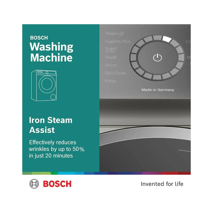 Bosch Series 8 Free-Standing Washing Machine | Frontloader Fullsize | 9 kg | 1400 rpm | Home Connect | TouchControl | Programmable | Silver Inox | WGB244AXGC