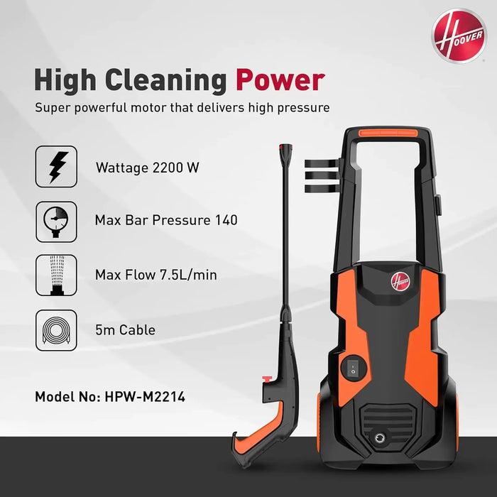 Hoover Pressure Washer 2200W 140 Bar | 450 l/hr Max Flow Rate | 5m Cable | 3m Hose | Wheeled Design | HPW-M2214