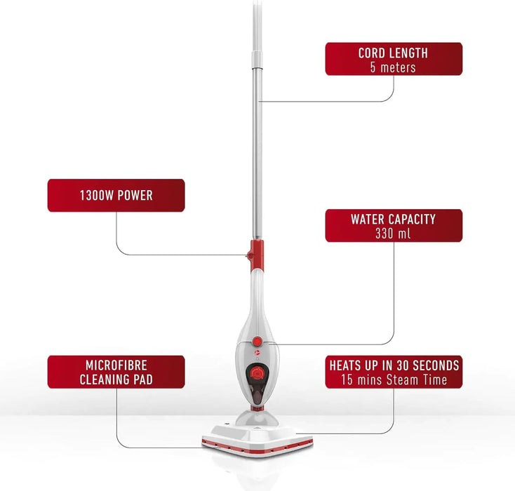 Hoover 5 In 1 Steam Mop | 1300W Power | 0.7L Water Tank | Variable Steam Control | Lightweight Design | White/Red | HS84-SM2-ME