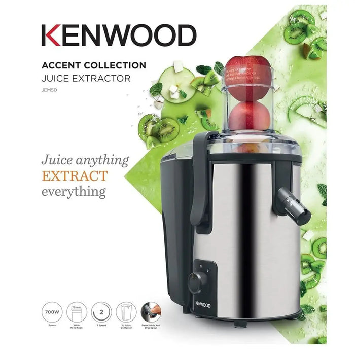 Kenwood Juice Extractor | 75mm Wide Feed Tube | 2 Speed | Transparent Juice Jug | Pulp Container | Silver/Black | JEM50.000BS
