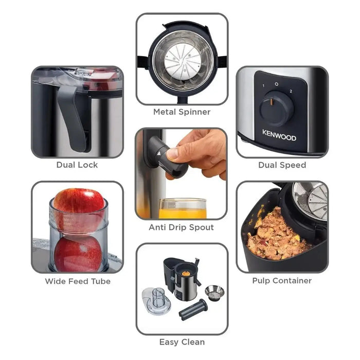 Kenwood Juice Extractor | 75mm Wide Feed Tube | 2 Speed | Transparent Juice Jug | Pulp Container | Silver/Black | JEM50.000BS