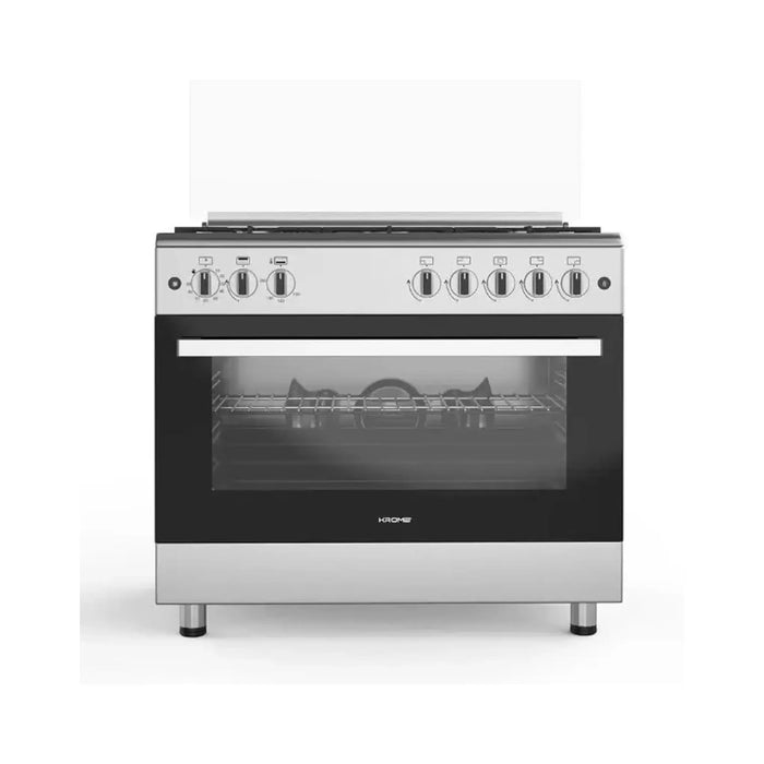 Krome 90x60 Cm Free Standing Gas Cooker | 5 Euro Pool Gas Burners| Flame Protection | Stainless Steel | Double Turbo Fan for Even Heat Distribution | Push Button Ignition| KR-CR 9061FE