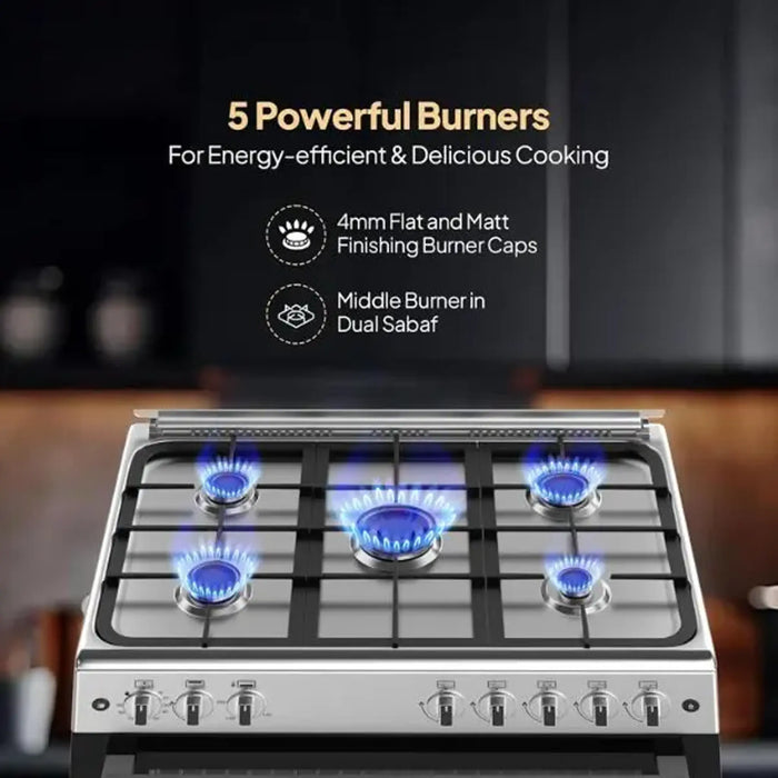 Krome 90x60 Cm Free Standing Gas Cooker | 5 Euro Pool Gas Burners| Flame Protection | Stainless Steel | Double Turbo Fan for Even Heat Distribution | Push Button Ignition| KR-CR 9061FE