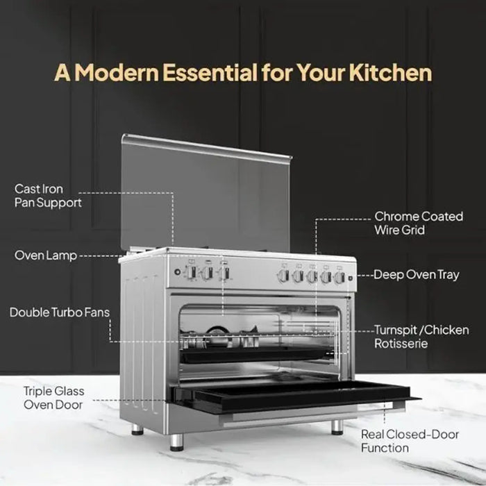 Krome 90x60 Cm Free Standing Gas Cooker | 5 Euro Pool Gas Burners| Flame Protection | Stainless Steel | Double Turbo Fan for Even Heat Distribution | Push Button Ignition| KR-CR 9061FE