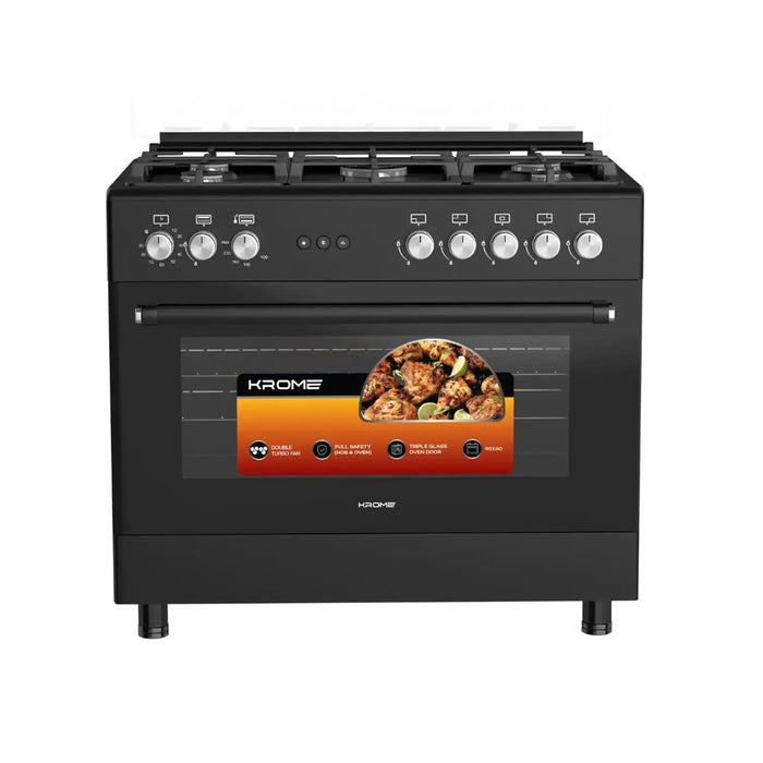 KROME 90x60cm Free Standing Cooker | Gas Oven | 5 Burners | Double Knob Control | Stainless Steel Cooking Range | Double Oven Lamps | Full Safety | Matte Black | KR-CR9062FEB