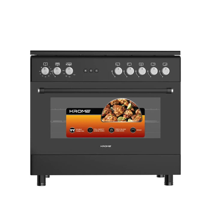 KROME 90x60cm Free Standing Cooker | Gas Oven | 5 Burners | Double Knob Control | Stainless Steel Cooking Range | Double Oven Lamps | Full Safety | Matte Black | KR-CR9062FEB