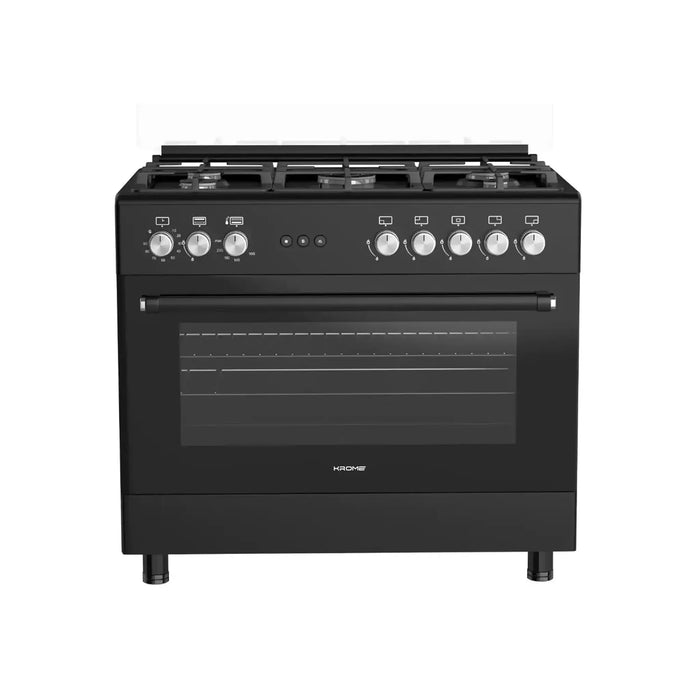 KROME 90x60cm Free Standing Cooker | Gas Oven | 5 Burners | Double Knob Control | Stainless Steel Cooking Range | Double Oven Lamps | Full Safety | Matte Black | KR-CR9062FEB