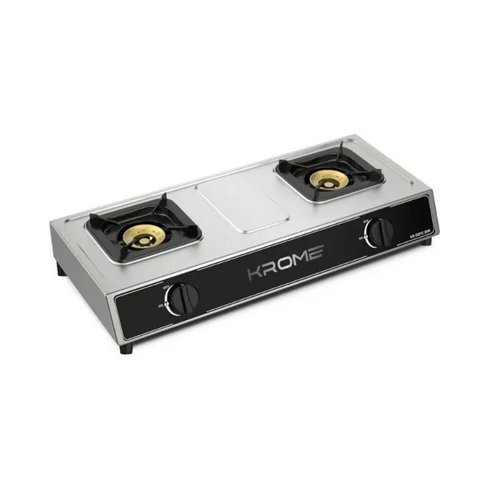 Krome Gas Stove 2 Burners| Auto Ignition| Double Brass Burners| LPG Gas Stove| Cast Iron Burner| Flame Failure Device| Enamel Square Pan Support| CE Approved| Stainless Steel Body | KR-GSFC2041