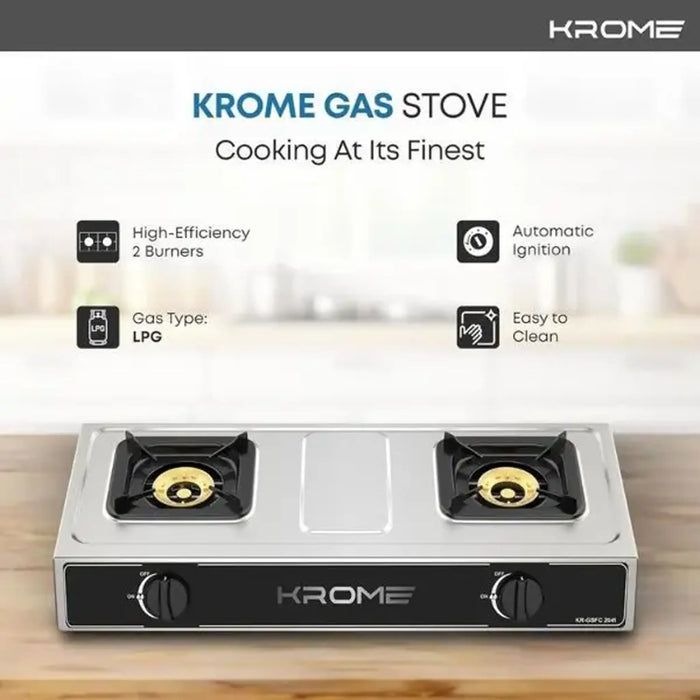 Krome Gas Stove 2 Burners| Auto Ignition| Double Brass Burners| LPG Gas Stove| Cast Iron Burner| Flame Failure Device| Enamel Square Pan Support| CE Approved| Stainless Steel Body | KR-GSFC2041