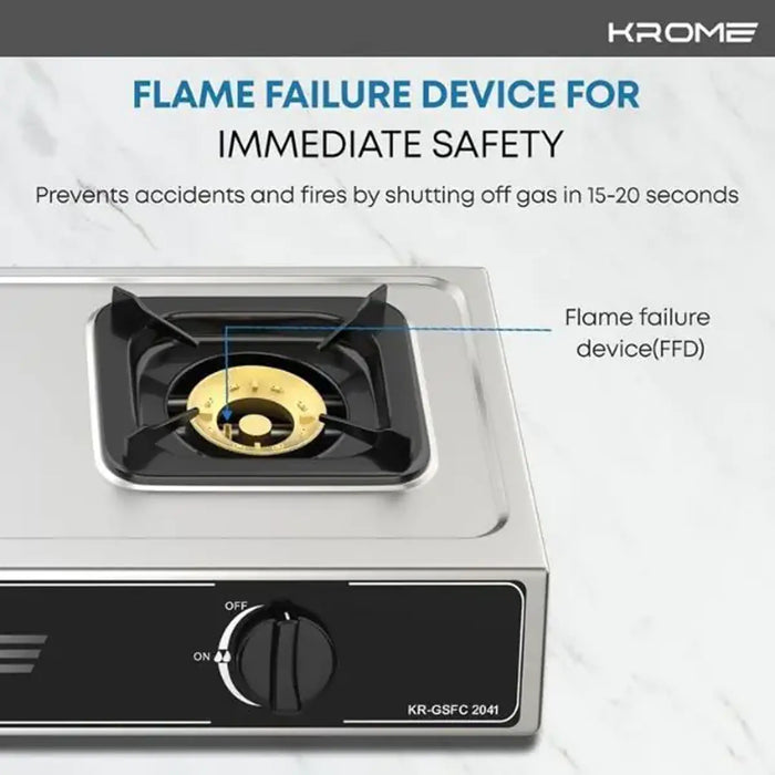 Krome Gas Stove 2 Burners| Auto Ignition| Double Brass Burners| LPG Gas Stove| Cast Iron Burner| Flame Failure Device| Enamel Square Pan Support| CE Approved| Stainless Steel Body | KR-GSFC2041