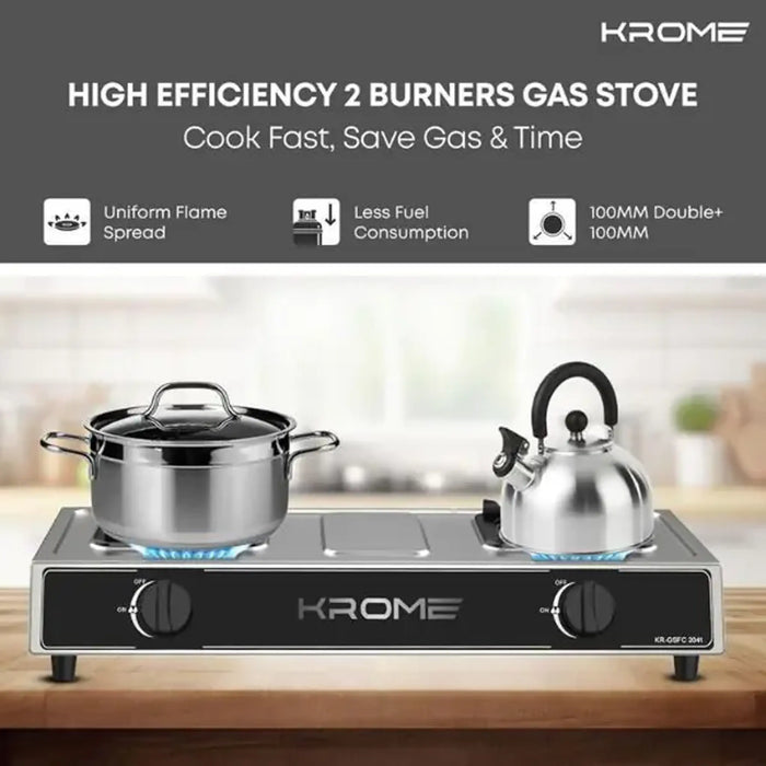 Krome Gas Stove 2 Burners| Auto Ignition| Double Brass Burners| LPG Gas Stove| Cast Iron Burner| Flame Failure Device| Enamel Square Pan Support| CE Approved| Stainless Steel Body | KR-GSFC2041