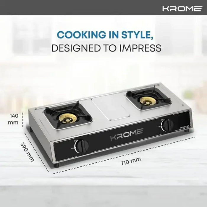 Krome Gas Stove 2 Burners| Auto Ignition| Double Brass Burners| LPG Gas Stove| Cast Iron Burner| Flame Failure Device| Enamel Square Pan Support| CE Approved| Stainless Steel Body | KR-GSFC2041