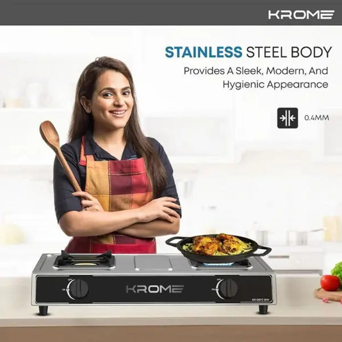 Krome Gas Stove 2 Burners| Auto Ignition| Double Brass Burners| LPG Gas Stove| Cast Iron Burner| Flame Failure Device| Enamel Square Pan Support| CE Approved| Stainless Steel Body | KR-GSFC2041
