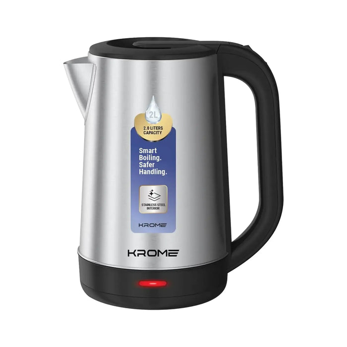 KROME 2 Litre Stainless Steel Electric Kettle | 360¡ Rotational Base | Smart Boiling | Safer Handling | KR-KTSS200D