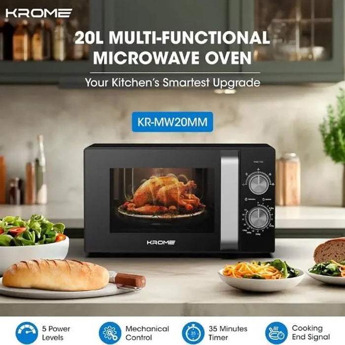 Krome Microwave Oven 20L Capacity| 700W Output| 5 Power Levels| 35 Minute Timer| Cooking End Signal| Grey Painted Cavity| Black Color| KR-MW20MM