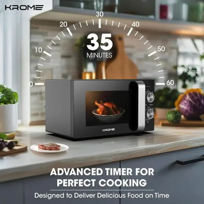 Krome Microwave Oven 20L Capacity| 700W Output| 5 Power Levels| 35 Minute Timer| Cooking End Signal| Grey Painted Cavity| Black Color| KR-MW20MM