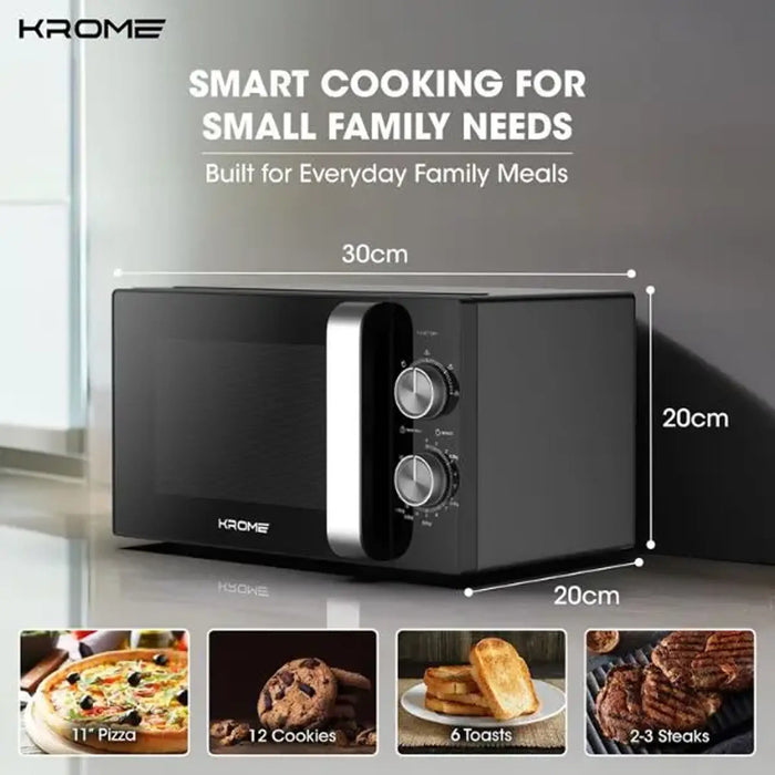 Krome Microwave Oven 20L Capacity| 700W Output| 5 Power Levels| 35 Minute Timer| Cooking End Signal| Grey Painted Cavity| Black Color| KR-MW20MM