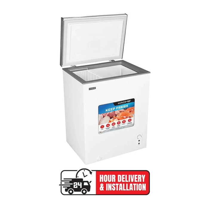 Krome Chest Freezer | 150L Capacity | Single Door| White Finish| Basket |R600a Refrigerant | Recessed Handle | KR-CF165R