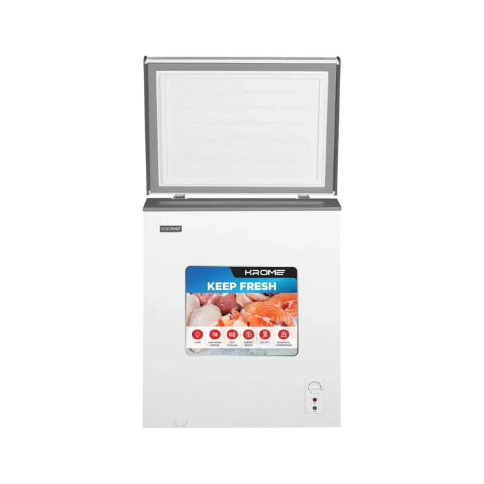 Krome Chest Freezer | 150L Capacity | Single Door| White Finish| Basket |R600a Refrigerant | Recessed Handle | KR-CF165R