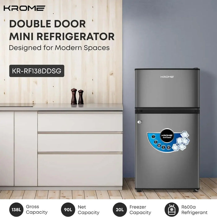 Krome 138L Gross 90L Net Double Door Refrigerator | Direct Cool | Top Mount Freezer | Glass Shelves | Lock & Key |  KR-RF138DDSG