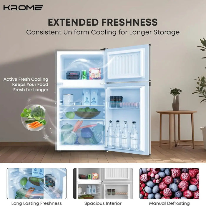 Krome 138L Gross 90L Net Double Door Refrigerator | Direct Cool | Top Mount Freezer | Glass Shelves | Lock & Key |  KR-RF138DDSG
