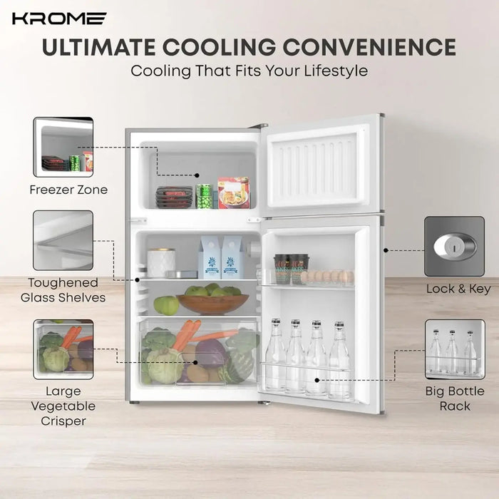 Krome 138L Gross 90L Net Double Door Refrigerator | Direct Cool | Top Mount Freezer | Glass Shelves | Lock & Key |  KR-RF138DDSG