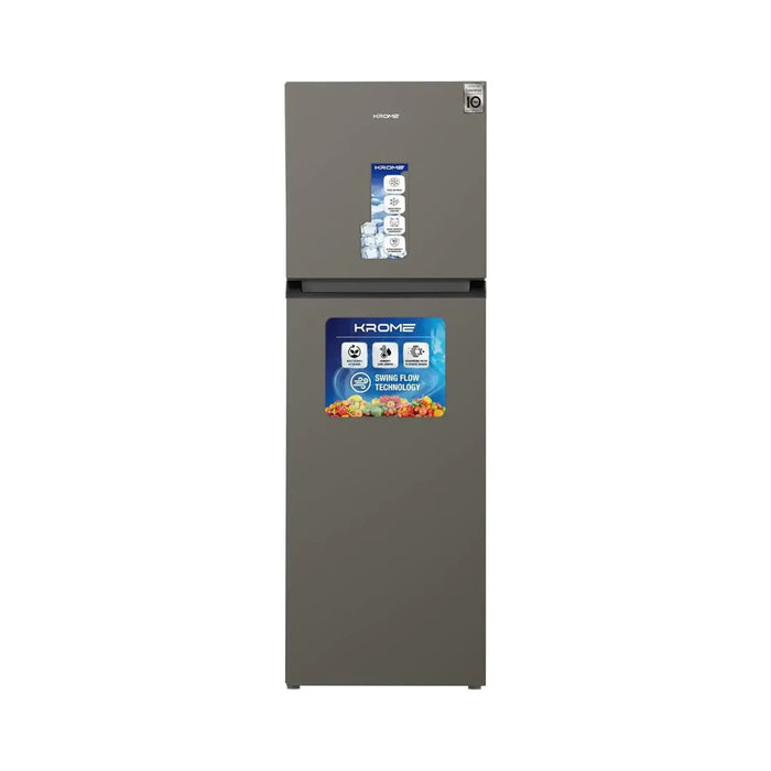 Krome 370L Double Door Refrigerator 286L Net | Smart Inverter Compressor | 360¡ Swing Flow Cooling | Total No Frost | Super Freeze Function | Energy Efficient | Dark Silver
