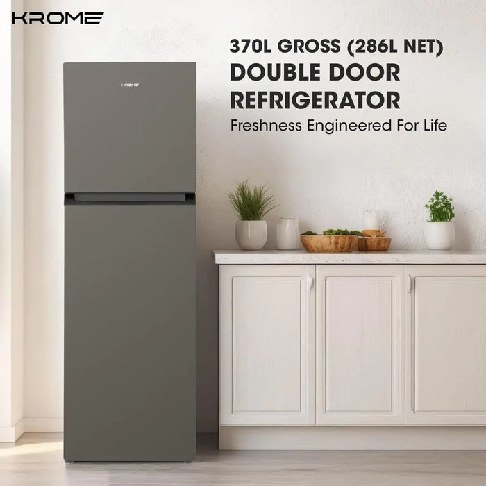 Krome 370L Double Door Refrigerator 286L Net | Smart Inverter Compressor | 360¡ Swing Flow Cooling | Total No Frost | Super Freeze Function | Energy Efficient | Dark Silver
