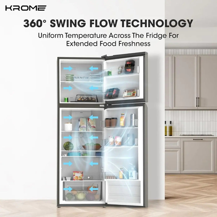 Krome 370L Double Door Refrigerator 286L Net | Smart Inverter Compressor | 360¡ Swing Flow Cooling | Total No Frost | Super Freeze Function | Energy Efficient | Dark Silver