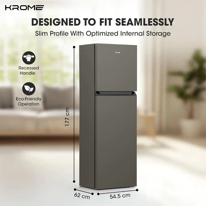 Krome 370L Double Door Refrigerator 286L Net | Smart Inverter Compressor | 360¡ Swing Flow Cooling | Total No Frost | Super Freeze Function | Energy Efficient | Dark Silver